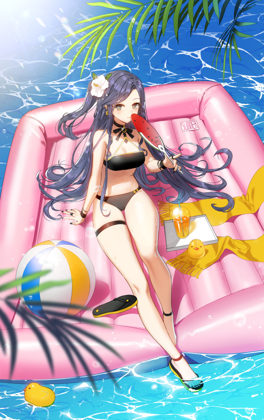 ball bare_legs bare_shoulders beachball bikini black_bikini black_choker black_nails breasts caustics choker cleavage closers earrings eunha_(closers) feet female flower green_eyes hair_flower hair_ornament halterneck hand_fan highres holding inflatable_raft jewelry large_breasts legs long_hair looking_at_viewer nail_polish navel one_side_up paper_fan purple_hair sandals sitting slippers solo source_request stomach string_bikini swimsuit thigh_strap thighs toenail_polish toenails toes very_long_hair water wet wristband