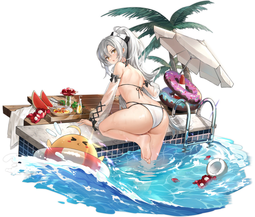 >_< artist_request ass azur_lane back bare_shoulders barefoot beach_umbrella bikini bird bow breasts brown_eyes chick detached_sleeves doughnut drake_(azur_lane) drake_(the_golden_hind's_respite)_(azur_lane) female flower food fruit grey_hair hairbow halterneck highres innertube long_hair long_sleeves looking_at_viewer looking_back manjuu_(azur_lane) medium_breasts multi-strapped_bikini official_alternate_costume official_art open_mouth palm_tree plate ponytail pool red_flower see-through see-through_sleeves sidelocks solo sprinkles string_bikini swim_ring swimsuit thighs traffic_cone transparent_background tree umbrella very_long_hair water watermelon wet white_bikini