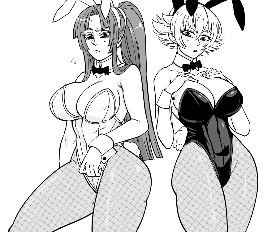 2girls absurdres animal_ears bb_(baalbuddy) bow bowtie breasts commentary english_commentary fake_animal_ears fishnet_pantyhose fishnets greyscale highleg highleg_leotard highres igawa_sakura large_breasts leotard long_hair looking_at_viewer meme monochrome multiple_boys multiple_girls pantyhose playboy_bunny ponytail rabbit_ears robe short_hair simple_background taimanin_(series) taimanin_asagi textless_version white_background wrist_cuffs yatsu_murasaki