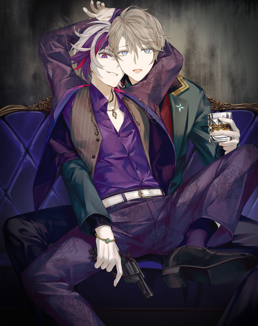 2boys :d absurdres arms_up belt belt_buckle black_footwear black_jacket blue_eyes brown_hair brown_vest buckle collared_shirt commentary_request couch cup dress_shirt drink drinking_glass fuwa_minato grey_hair gun hair_between_eyes handgun highres holding holding_cup holding_gun holding_weapon jacket jh kaida_haru long_sleeves looking_at_viewer male_focus multicolored_hair multiple_boys nijisanji on_couch open_clothes open_jacket open_mouth pants parted_lips purple_eyes purple_hair purple_jacket purple_legwear purple_pants purple_shirt red_hair revolver shirt shoes sitting sitting_on_lap sitting_on_person smile socks streaked_hair striped_clothes striped_vest vertical-striped_clothes vertical-striped_vest vest virtual_youtuber weapon white_belt