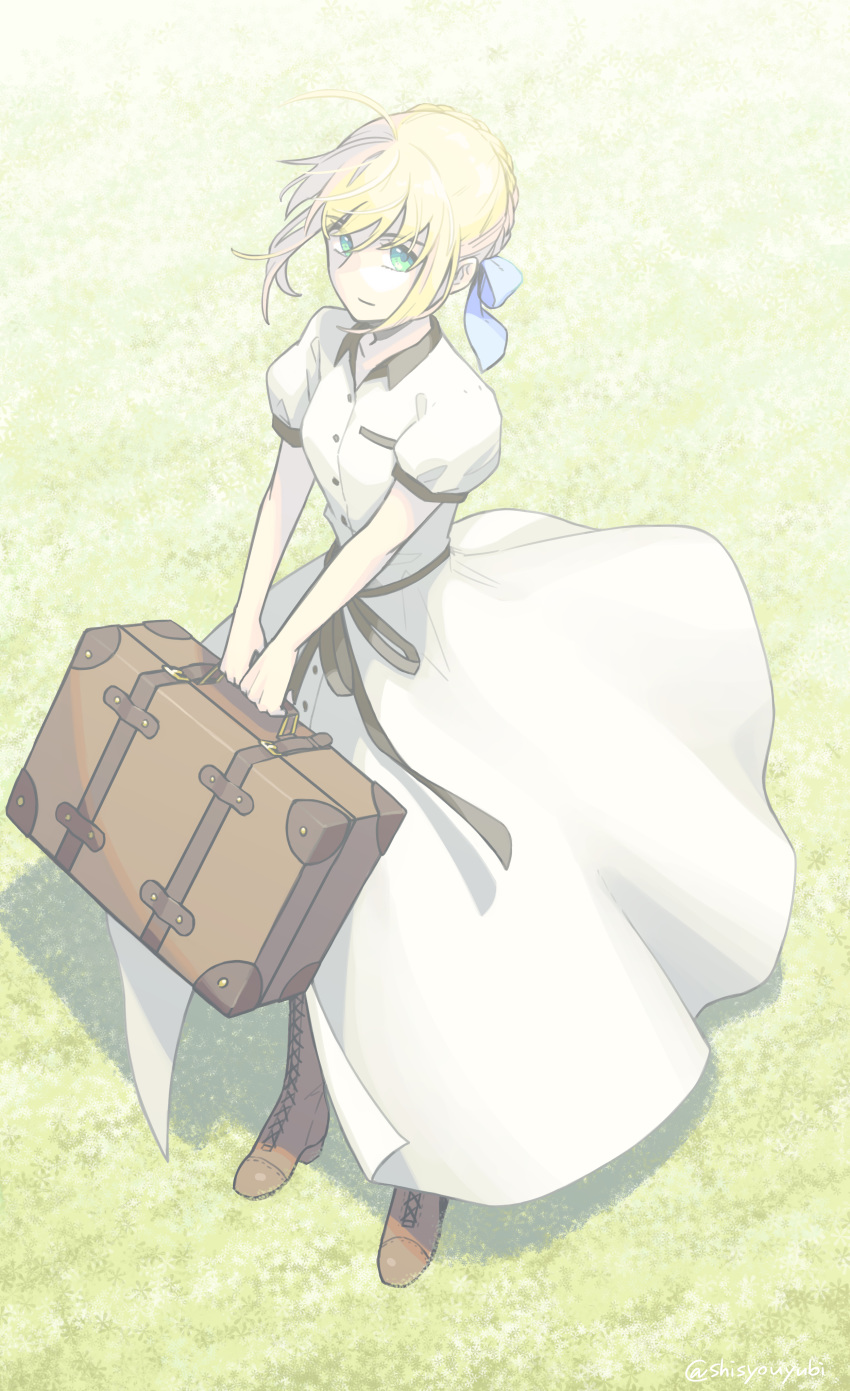 absurdres ahoge artoria_pendragon_(fate) bag black_ribbon blonde_hair blue_bow boots bow braid braided_bun brown_bag brown_footwear collared_dress commentary_request cross-laced_footwear dress fate/stay_night fate_(series) female floating_hair from_above full_body hair_bun hairbow highres holding holding_bag knee_boots lace-up_boots official_alternate_costume ribbon saber_(fate) shayubi short_hair short_sleeves solo standing sundress white_background white_dress wing_collar