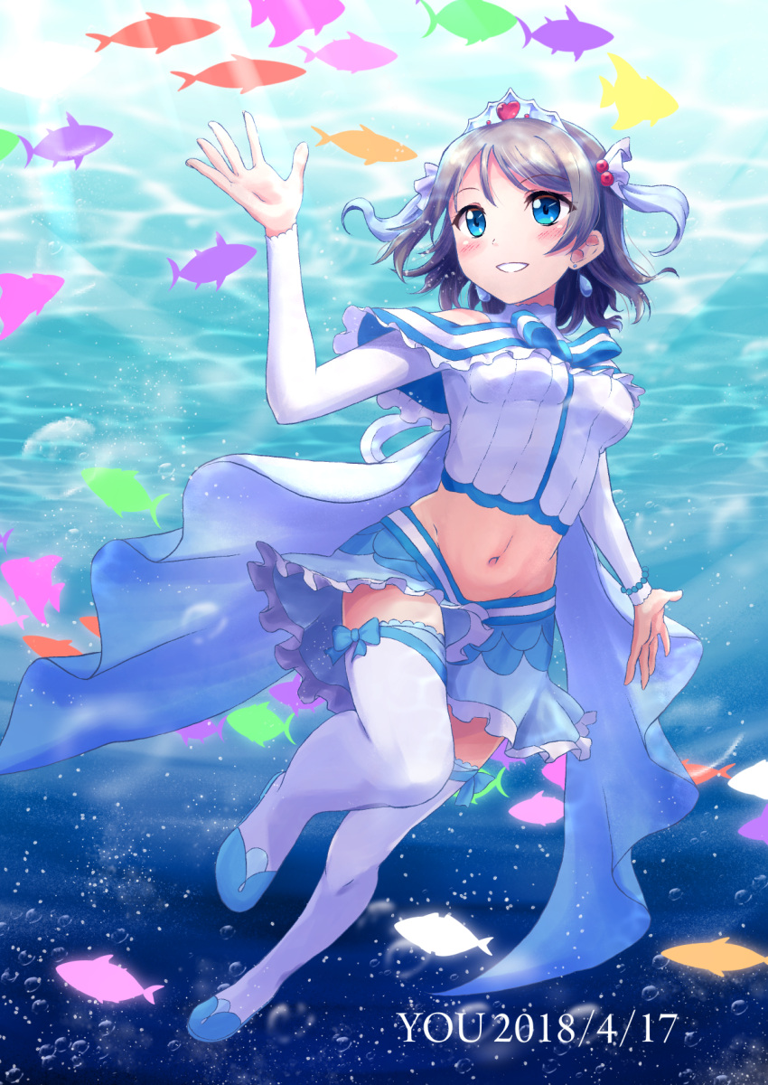 b.ren birthday blue_footwear bracelet breasts character_name earrings english_text female fish hair_ornament highres jewelry koi_ni_naritai_aquarium long_sleeves love_live! love_live!_sunshine!! medium_breasts midriff miniskirt navel short_hair sidelocks skirt smile tiara underwater watanabe_you white_legwear