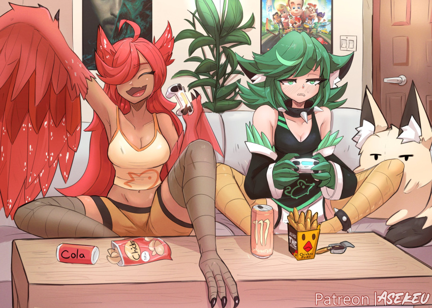 2girls ahoge animal_ear_fluff animal_ears animal_hands artist_name asekeu bare_shoulders bird_legs black_tank_top blush breasts burger_king can chicken_(food) chips_(food) choker cleavage closed_eyes commentary controller couch dark-skinned_female dark_skin drink_can english_commentary fast_food feather_fingers feathers food green_eyes green_feathers green_wings hair_over_one_eye harpy highres holding holding_controller jimmy_neutron_(series) long_hair marvel medium_breasts midriff monster_energy monster_girl morbius_(film) movie_poster_(object) multiple_girls navel open_mouth original patreon_username plant quill_(asekeu) red_feathers red_wings shorts sitting soda_can spiked_anklet spiked_choker spikes stuffed_toy table talons tank_top very_long_hair white_shorts winged_arms wings yellow_shorts yellow_tank_top