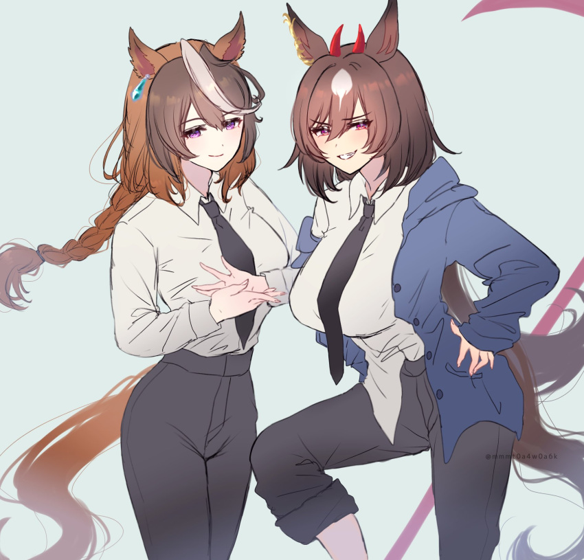 2girls animal_ears bad_id bad_twitter_id black_necktie black_pants blue_jacket brown_hair chainsaw_man cosplay cowboy_shot ear_ornament earrings fairouz_ai hair_between_eyes hand_on_own_hip highres holding_hands horns horse_ears horse_girl horse_tail jacket jewelry long_hair looking_at_viewer loose_necktie makima_(chainsaw_man) makima_(chainsaw_man)_(cosplay) mmm_(mmm623) multicolored_hair multiple_girls necktie pants power_(chainsaw_man) power_(chainsaw_man)_(cosplay) purple_eyes red_horns scythe shirt simple_background single_earring sirius_symboli_(umamusume) smile smirk streaked_hair symboli_rudolf_(umamusume) tail teeth twitter_username umamusume unbuttoned unbuttoned_jacket very_long_hair voice_actor_connection white_background white_shirt