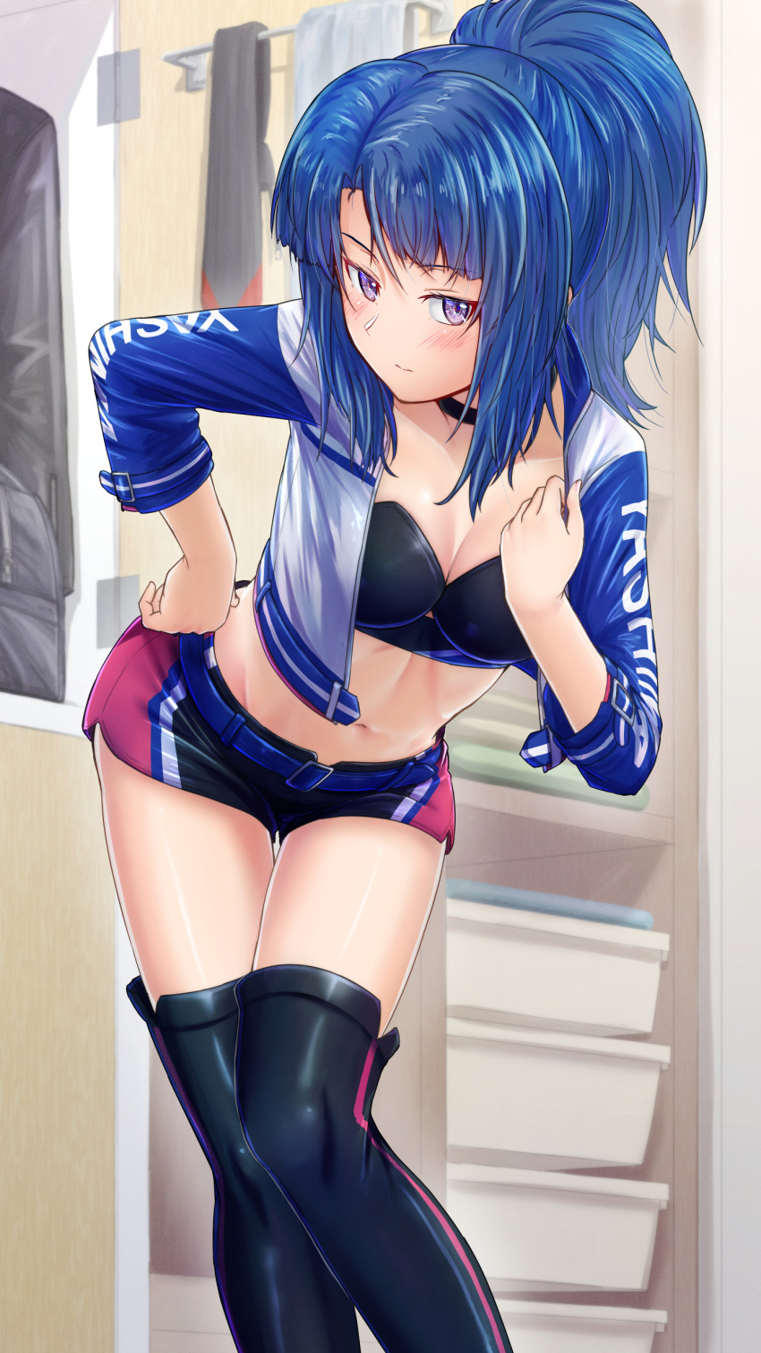 absurdres alice_gear_aegis belt belt_buckle black_bra black_choker black_footwear blue_belt blue_hair blush boots bra breasts buckle choker cleavage closed_mouth collarbone female hair_tubes hand_on_own_hip high_ponytail highres indoors jacket long_hair looking_at_viewer medium_breasts midriff navel open_clothes open_jacket origami_yakko purple_eyes race_queen shiny_clothes shiny_legwear short_shorts shorts solo standing stomach strapless takanashi_rei thigh_boots thigh_gap underwear