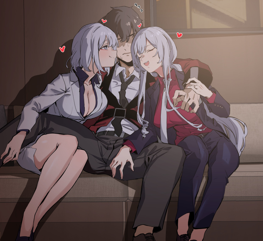 1boy 2girls :d absurdres ak-12_(girls'_frontline) ak-12_(lucia)_(girls'_frontline) banssee belt black_belt black_jacket black_necktie blazer breasts brown_hair cleavage closed_eyes closed_mouth collared_shirt commander_(girls'_frontline) couch girls'_frontline grey_hair grey_jacket grey_skirt griffin_&_kryuger_military_uniform heart highres indoors jacket large_breasts long_hair looking_at_another miniskirt multiple_girls necktie official_alternate_costume open_clothes open_jacket open_mouth open_shirt pants purple_eyes red_jacket red_shirt rpk-16_(girls'_frontline) rpk-16_(renate)_(girls'_frontline) shaded_face shirt short_hair sidelocks sitting skirt smile spread_legs thighs white_necktie