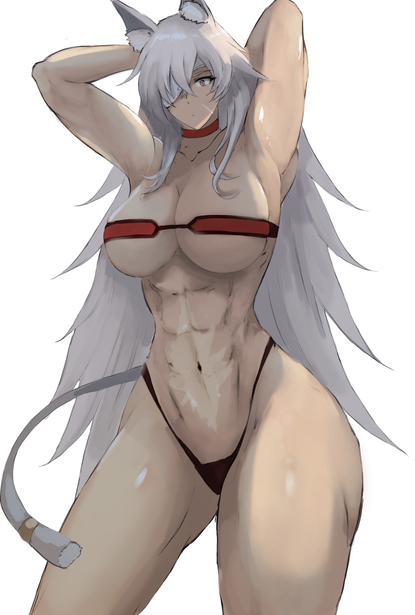 abs animal_ears armpits arms_behind_head bandeau black_panties breasts choker dark-skinned_female dark_skin eyepatch female ghislaine_dedoldia grey_hair hair_between_eyes highleg highleg_panties highres large_breasts long_hair looking_at_viewer memory342 muscular muscular_female mushoku_tensei navel panties red_bandeau red_choker red_eyes scar scar_on_face scar_on_stomach solo tail tail_ornament tail_ring thighs underwear white_background