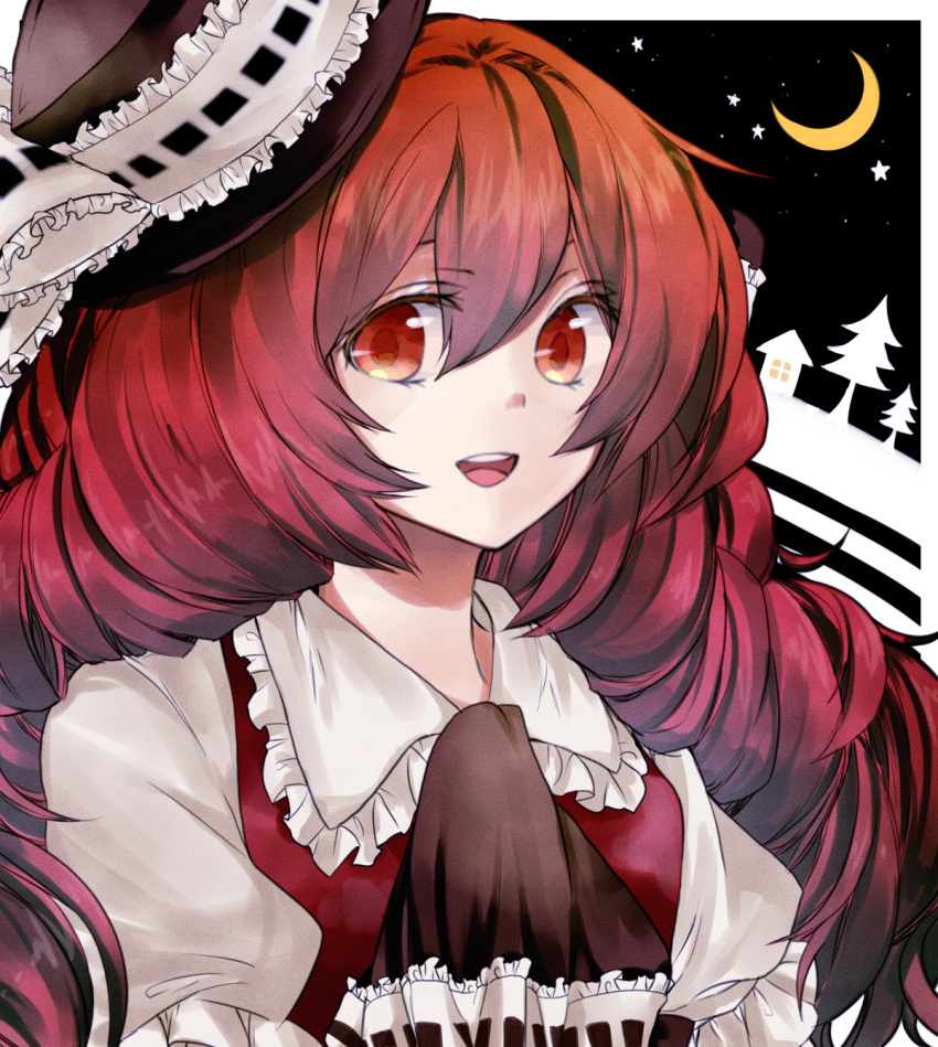 aizawa_riku ascot bad_id bad_pixiv_id brown_eyes brown_hair crescent_moon female frills hat henrietta_grimm highres long_hair moon night smile solo star_(symbol) tilted_headwear zettai_meikyuu_grimm