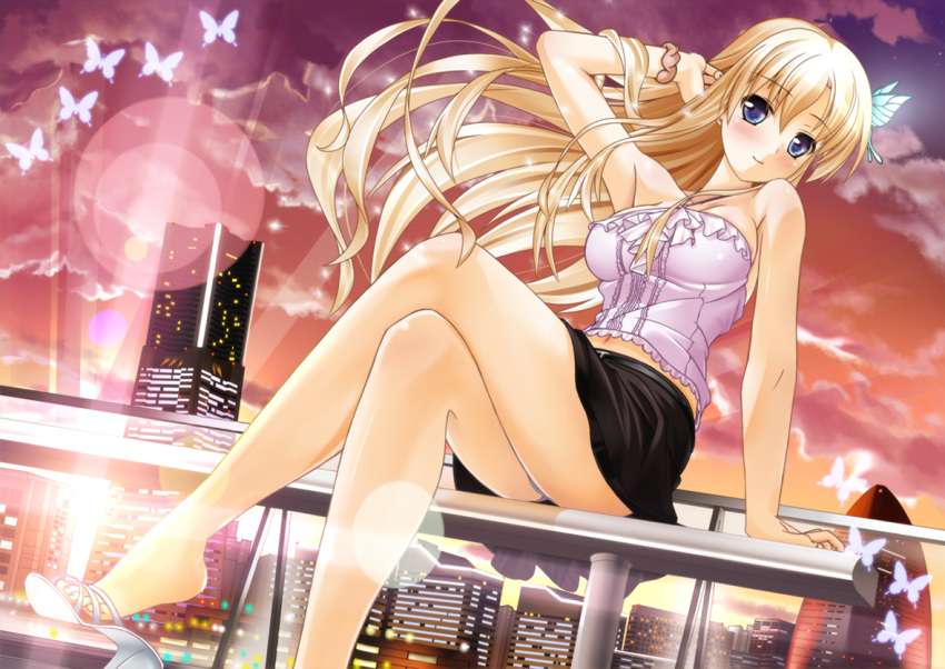 adjusting_hair armpits bare_shoulders barefoot blonde_hair blue_eyes blush boku_wa_tomodachi_ga_sukunai breasts bug building butterfly butterfly_hair_ornament casual city commentary_request crossed_legs feet female frills hair_ornament halterneck hatsuyuki_(trequarti) high_heels kashiwazaki_sena legs lens_flare long_hair medium_breasts midriff miniskirt navel panties pantyshot sandals scrunchie shoe_dangle shoes sitting skirt skyscraper solo strapless toeless_footwear tube_top underwear