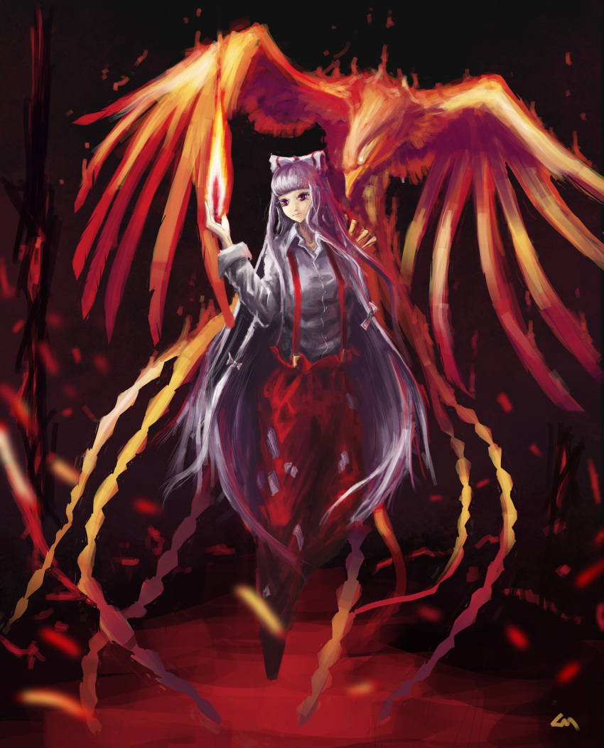 absurdres bad_id bad_pixiv_id bird bow female fire fire_body fujiwara_no_mokou full_body grey_hair hairbow highres long_hair osama pants phoenix photoshop_(medium) red_eyes solo suspenders touhou very_long_hair