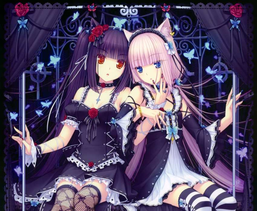 2girls animal_ears black_hair blue_eyes brown_eyes catgirl chocola garter_belt goth-loli lolita_fashion long_hair original photoshop sayori tagme thighhighs vanilla white_hair