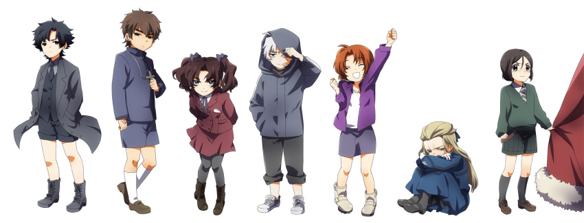 3girls 4boys age_regression aged_down bad_id bad_pixiv_id black_hair black_pantyhose black_socks blonde_hair boots brown_hair cross dress emiya_kiritsugu fate/zero fate_(series) forked_eyebrows genderswap_(mtf) highres hood hoodie hugging_own_legs iskandar_(fate) kayneth_el-melloi_archibald kneehighs kotomine_kirei long_hair machi_ojisan mary_janes matou_kariya multiple_boys multiple_girls pantyhose rule_63 shoes shorts sitting skirt socks sulking tohsaka_tokiomi twintails uryuu_ryuunosuke waver_velvet white_hair white_legwear