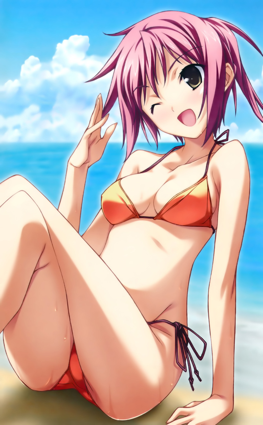 ;d arm_support bad_link baldr_(series) baldr_sky beach bikini breasts brown_eyes cleavage cloud covered_nipples crossed_legs day female highres kikuchi_seiji medium_breasts midriff nagisa_chinatsu ocean one_eye_closed open_mouth orange_bikini outdoors pink_hair short_hair side-tie_bikini_bottom sitting smile solo swimsuit wet