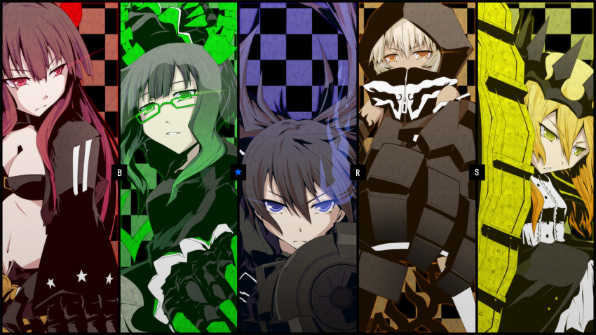 5girls bespectacled bikini bikini_top_only black_gold_saw black_hair black_rock_shooter black_rock_shooter_(character) blonde_hair blue_eyes chariot_(black_rock_shooter) commentary_request dead_master glasses glowing glowing_eyes green_eyes green_hair horns koumei_(harmonizer) long_hair multiple_girls parted_lips photoshop_(medium) red_eyes red_hair strength_(black_rock_shooter) swimsuit twintails white_hair yellow_eyes