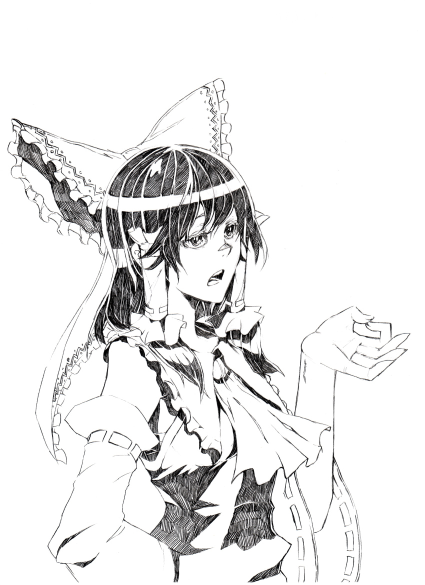 absurdres ascot bad_id bad_pixiv_id bow commentary_request detached_sleeves female frilled_bow frilled_shirt_collar frills graphite_(medium) greyscale hair_tubes hairbow hakurei_reimu hand_on_own_hip hand_up hatching_(texture) highres monochrome open_mouth oshake sarashi solo touhou traditional_media upper_body