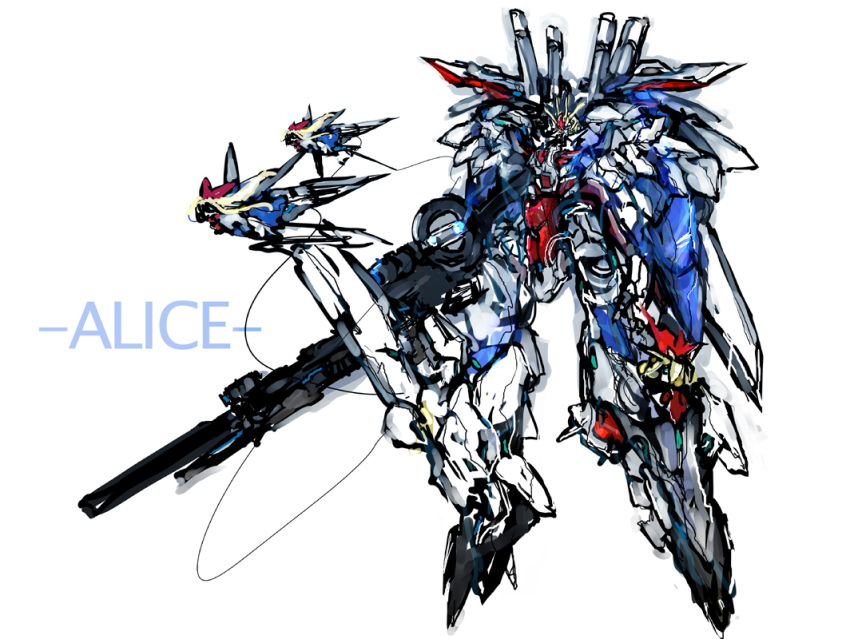 3girls alice_margatroid beru character_name commentary_request ex-s_gundam gundam gundam_sentinel hourai_doll matching_hourai matching_shanghai mecha mecha_focus multiple_girls robot science_fiction shanghai_doll touhou white_background