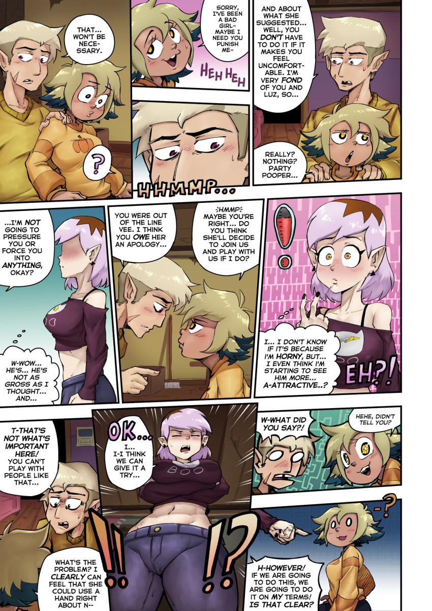 1boy 2girls amity_blight blonde_hair cheek_scar comic dialogue english_text female hunter_(the_owl_house) light_purple_hair magenta_eyes male multiple_girls orientation_play ruddyrzaq scar surprised surprised_expression text the_amiter_secret the_owl_house vee_(the_owl_house) vee_(the_owl_house)_(human) yellow_eyes