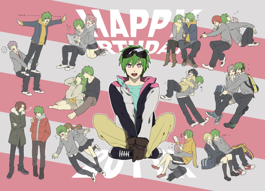 5girls 6+boys ayasaki_remi bag black_hair blonde_hair brown_hair candy cigarette closed_eyes commentary_request digital_media_player food fur_collar glasses green_hair happy_birthday headphones hori-san_to_miyamura-kun hori_kyouko hug hug_from_behind ipod ishikawa_tooru iura_motoko iura_shuu jacket kitahara_aoi kouno_sakura lollipop long_hair miyamura_izumi multiple_boys multiple_girls multiple_persona open_mouth photoshop_(medium) pink_hair purple_hair red_hair scarf school_uniform sengoku_kakeru short_hair skirt sleeping smile smoke smoking sososo sweater twintails yanagi_akane yasuda_jin yoshikawa_yuki_(hori-san_to_miyamura-kun)