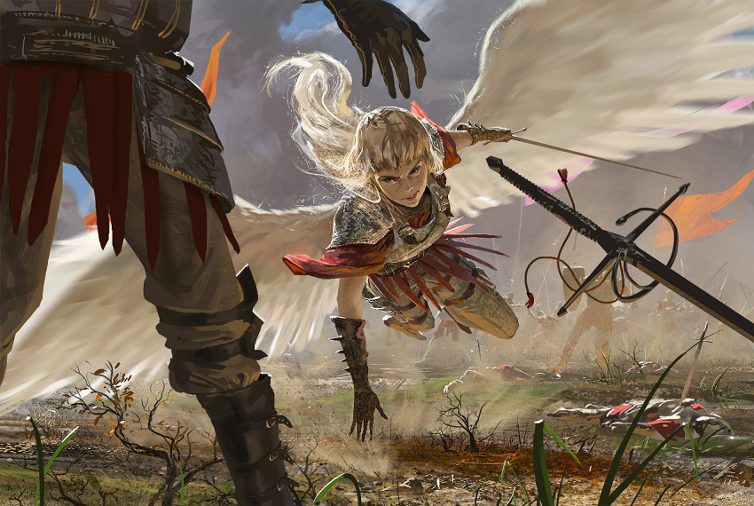 androgynous angel angel_wings armor battle battlefield blonde_hair boots commentary_request dust elbow_gloves fantasy female flag flying from_ground gloves grass johannes_voss long_hair original outdoors photoshop_(medium) pike_(weapon) polearm rapier scar shield smoke sword weapon white_wings wings