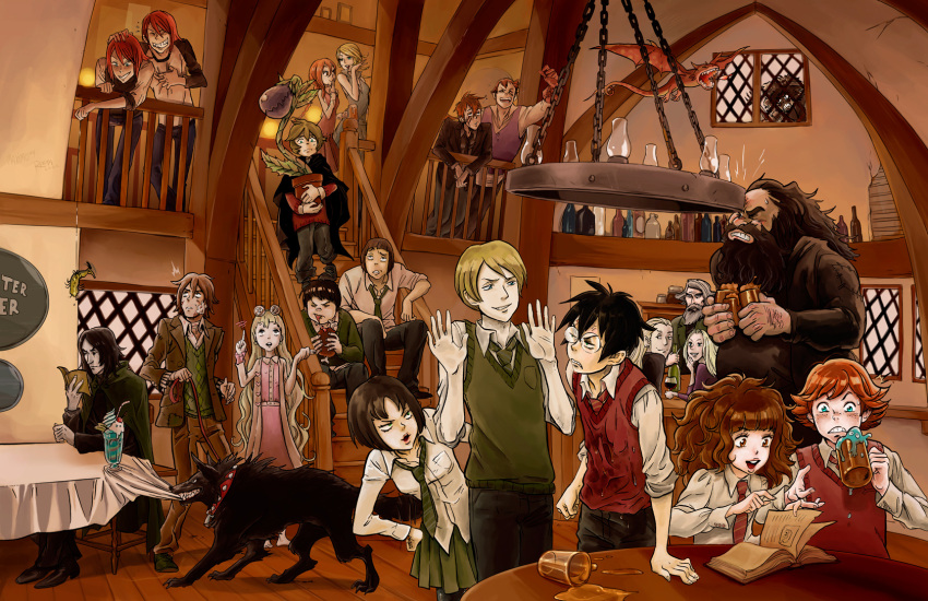 6+boys 6+girls aberforth_dumbledore angry animal artist_request bandages barefoot beard bill_weasley black_hair blonde_hair book bottle brown_eyes brown_hair canine charlie_weasley draco_malfoy dragon everyone facial_hair fleur_delacour food fred_weasley george_weasley ginny_weasley glasses green_eyes gregory_goyle grey_hair grin harry_potter harry_potter_(series) hermione_granger highres indoors long_hair lucius_malfoy luna_lovegood multiple_boys multiple_girls narcissa_malfoy necktie neville_longbottom pansy_parkinson reading red_hair remus_john_lupin ron_weasley rubeus_hagrid scar school_uniform severus_snape short_hair sirius_black skirt smile spectrespecs wizarding_world