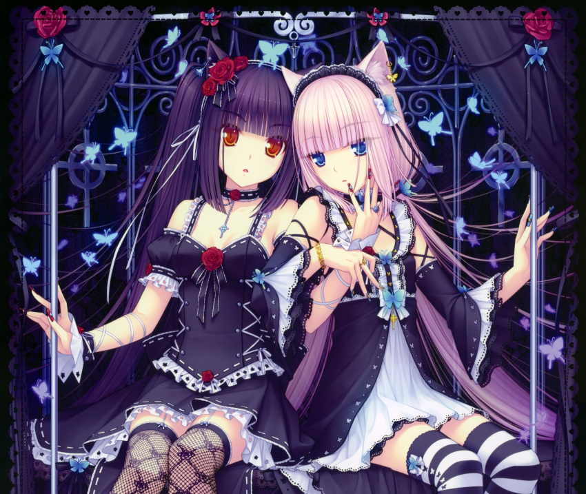 2girls animal_ears black_hair blue_eyes brown_eyes catgirl chocola garter_belt goth-loli lolita_fashion long_hair photoshop sayori thighhighs vanilla white_hair