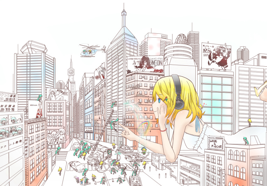 6+boys 6+girls aircraft aqua_eyes aqua_hair bad_id bad_pixiv_id billboard blonde_hair blue_eyes car city cityscape clone commentary english_commentary ferris_wheel fire_truck giant giantess hair_ornament hair_ribbon hairclip hatsune_miku headphones headset helicopter highres kagamine_len kagamine_rin megurine_luka military military_vehicle motor_vehicle multiple_boys multiple_girls rainbow reporter ribbon road short_hair solo_focus street sweeter_(h110111) tank translated truck vocaloid