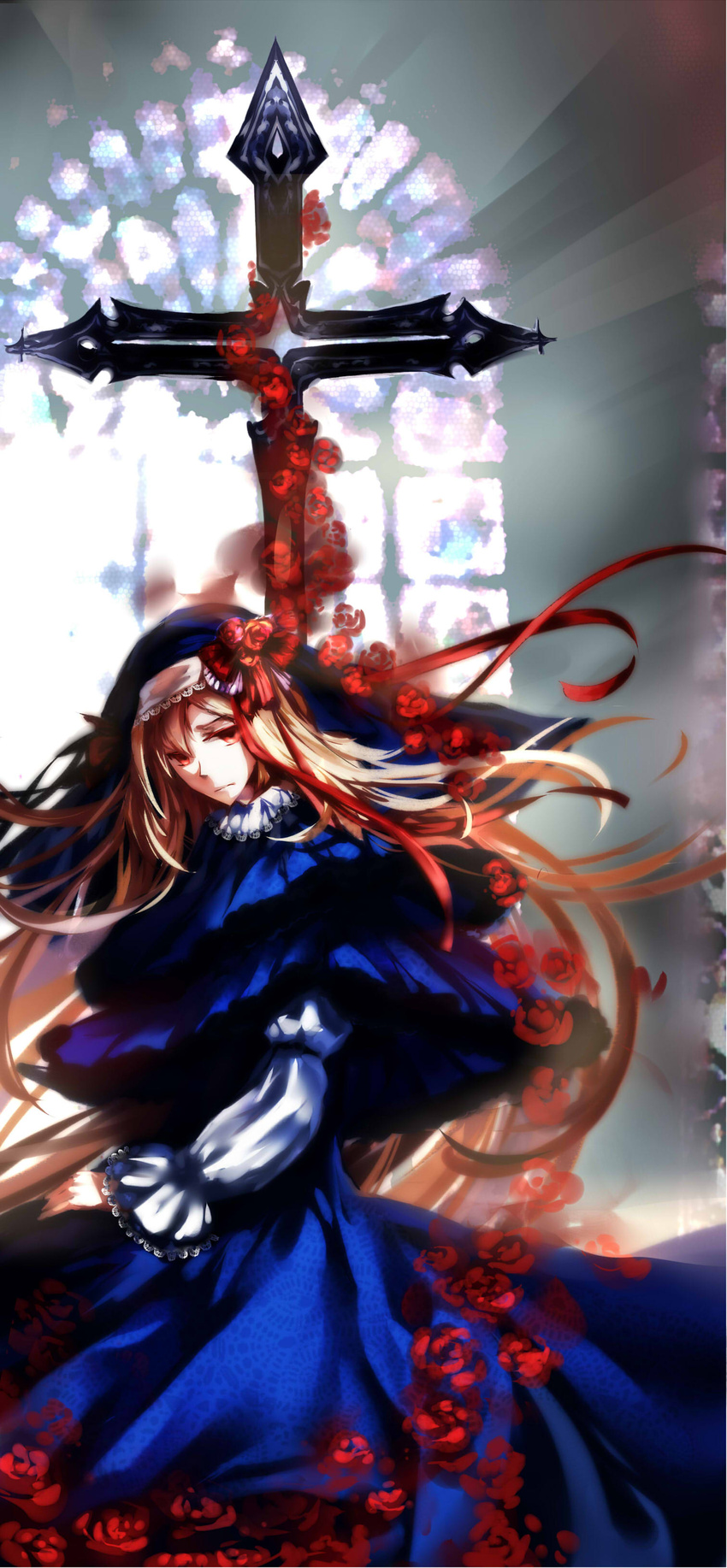 absurdres blonde_hair chinese_commentary commentary_request cross female flower h2so4kancel hat highres nun petals pixiv_fantasia pixiv_fantasia_5 red_eyes red_flower red_rose rose solo stained_glass