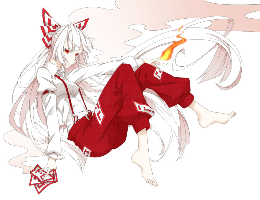 barefoot bow colored_eyelashes commentary_request female fire fujiwara_no_mokou hairbow hime_cut hisame_(gocbu) long_hair ofuda pants red_eyes skinny smoke solo suspenders touhou very_long_hair white_hair