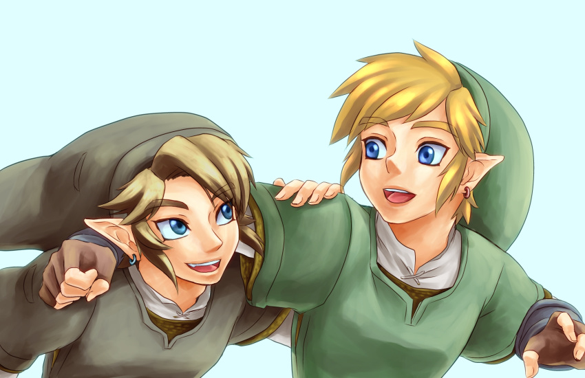 2boys bad_id bad_pixiv_id blonde_hair blue_eyes chikuwa_(rinka) dual_persona earrings gloves hat highres jewelry link male_focus multiple_boys pointy_ears smile the_legend_of_zelda the_legend_of_zelda:_skyward_sword the_legend_of_zelda:_twilight_princess