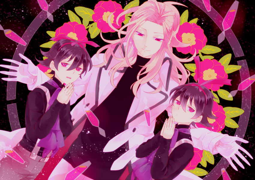 3boys commentary_request flower gloves mawaru_penguindrum multiple_boys pink_eyes pink_hair purple_eyes shirase_(mawaru_penguindrum) souya_(mawaru_penguindrum) suspenders watase_sanetoshi yumeko_(poison)