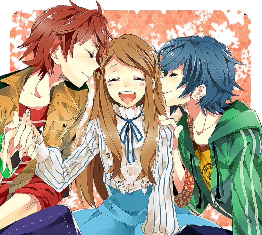 2boys blue_hair blush brown_hair closed_eyes commentary_request female holding_hands jacket long_hair mawaru_penguindrum multiple_boys open_mouth red_hair ribbon short_hair smile takakura_himari takakura_kanba takakura_shouma wonoco0916