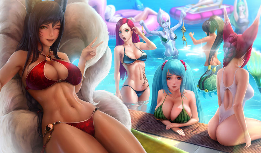 6+girls absurd_res ahri animal_ears armpits ass back bare_legs bare_shoulders bathing_suit big_breasts bikini black_hair blue_eyes blue_hair blue_skin blush bra braided_ponytail breasts caitlyn_kiramman cleavage cleavage_cutout clothed_female convenient_censoring cute_fang dark_hair evelynn face_markings female female_only fox_girl green_eyes green_hair high_resolution highres holding_clothing huge_breasts janna_windforce katarina_du_couteau kitsune large_breasts league_of_legends limgae long_hair looking_at_viewer lulu_the_fae_sorceress midriff nami_(league_of_legends) navel nidalee open_mouth panties peace_sign ponytail pool_party_caitlyn pool_party_lulu pool_party_series red_hair rift_scuttler riot_games scar smooth_skin sona_buvelle soraka star_guardian_series star_guardian_soraka sweat sweaty tail tattoo thick_thighs thong toned toned_female v vastaya water wet wide_hips wink xayah yellow_eyes