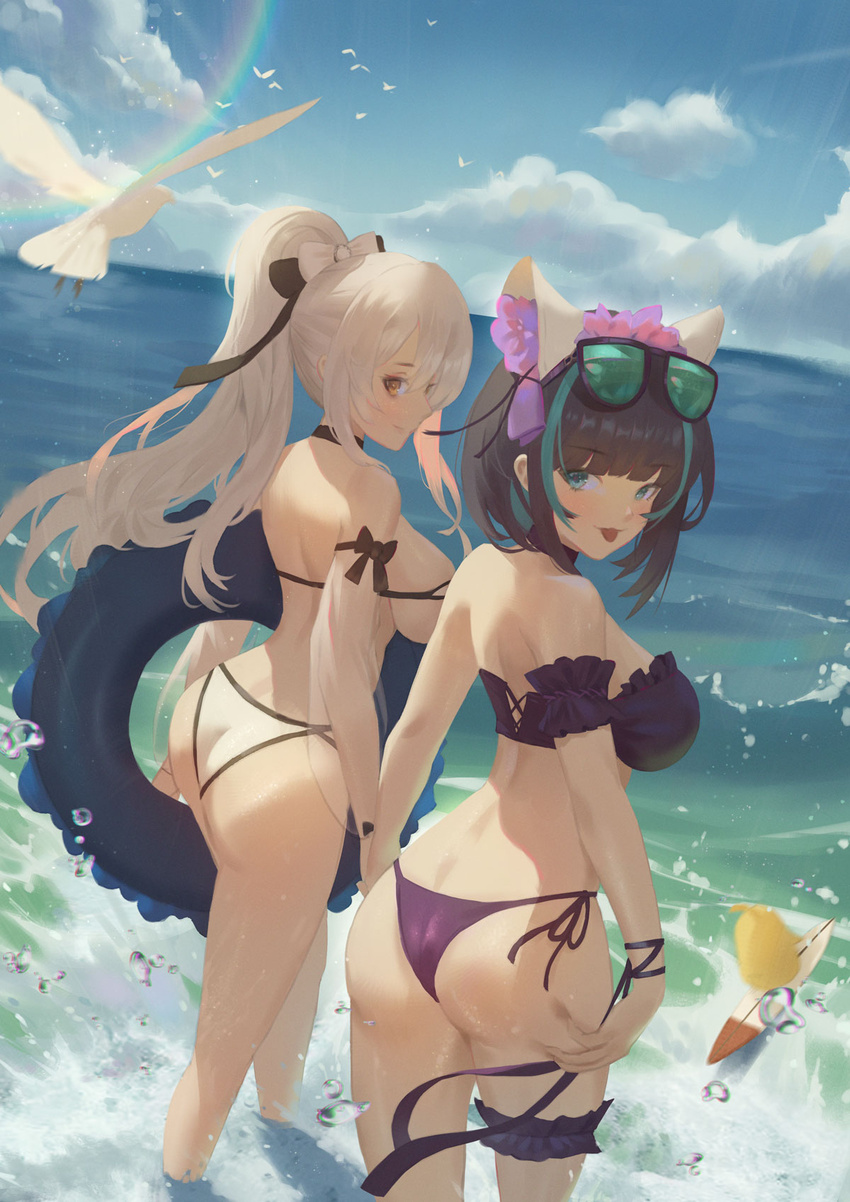 2girls animal_ears aqua_eyes arm_garter ass azur_lane bikini bird black_hair blue_hair blue_sky breasts bridal_garter brown_eyes cat_ears cheshire_(azur_lane) cheshire_(summery_date!)_(azur_lane) cirilla_lin cloud commentary day detached_sleeves drake_(azur_lane) drake_(the_golden_hind's_respite)_(azur_lane) eyewear_on_head fake_animal_ears hair_ribbon highres innertube large_breasts manjuu_(azur_lane) md5_mismatch multicolored_hair multiple_girls ocean official_alternate_costume outdoors ponytail purple_bikini ribbon seagull see-through sky strapless strapless_bikini string_bikini surfboard swim_ring swimsuit tinted_eyewear tongue tongue_out wading waves white_bikini white_hair