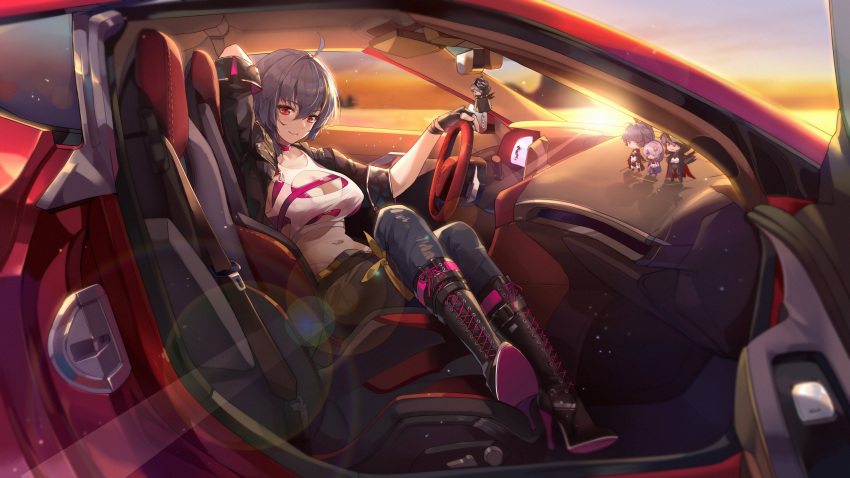 ahoge arm_behind_head belt black_footwear black_hair black_jacket black_skirt blue_pants boots breasts car car_interior casual cleavage closed_mouth cloud cloudy_sky commentary_request cross-laced_footwear crossed_legs female fingerless_gloves gloves high_heel_boots high_heels highres honkai_(series) honkai_impact_3rd jacket knee_boots lace-up_boots looking_at_viewer mole mole_under_mouth motor_vehicle navel outdoors pants purple_eyes raiden_mei raiden_mei_(herrscher_of_thunder) raven_(honkai_impact) red_car second-party_source shirt short_hair sitting skirt sky smile solo sora_(honkai_impact) steering_wheel sunset white_shirt zomzomzomsauce