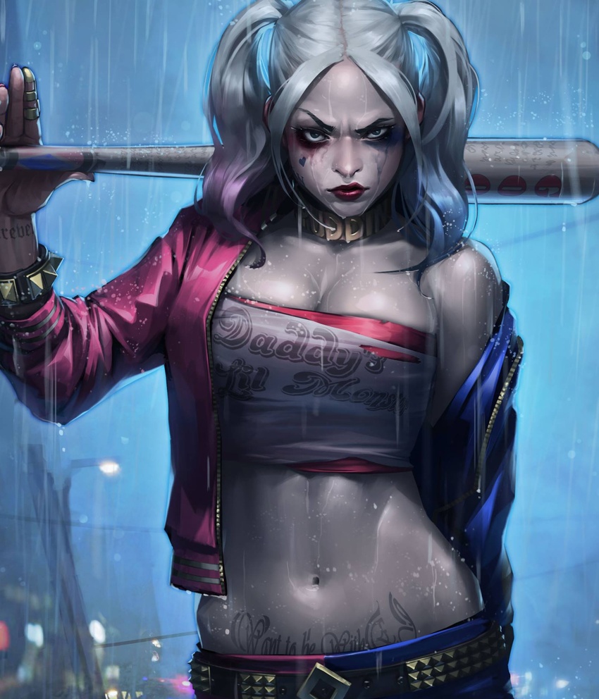 baseball_bat batman_(series) blonde_hair blue_eyes breasts cloud commentary crop_top dc_comics english_commentary female harley_quinn highres holding jee-hyung_lee large_breasts looking_at_viewer makeup midriff multicolored_hair navel outdoors rain short_hair solo suicide_squad twintails western_comics_(style)