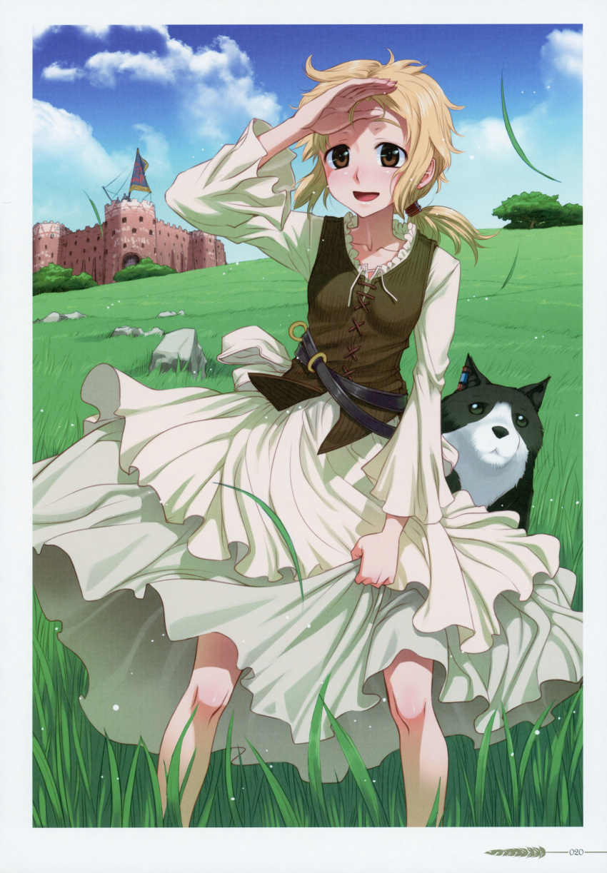 :d absurdres blonde_hair blue_sky breasts brown_eyes brown_vest collarbone day dress enekk female floating_hair highres koume_keito layered_dress long_dress long_hair looking_at_viewer nora_arento official_art open_mouth outdoors page_number photoshop_(medium) ponytail scan sky small_breasts smile solo spice_and_wolf vest white_dress