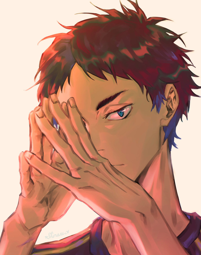 1boy akaashi_keiji black_hair blue_eyes covered_face fingers_together haikyuu!! highres looking_at_viewer male_focus shiraumi8351 short_hair simple_background solo upper_body