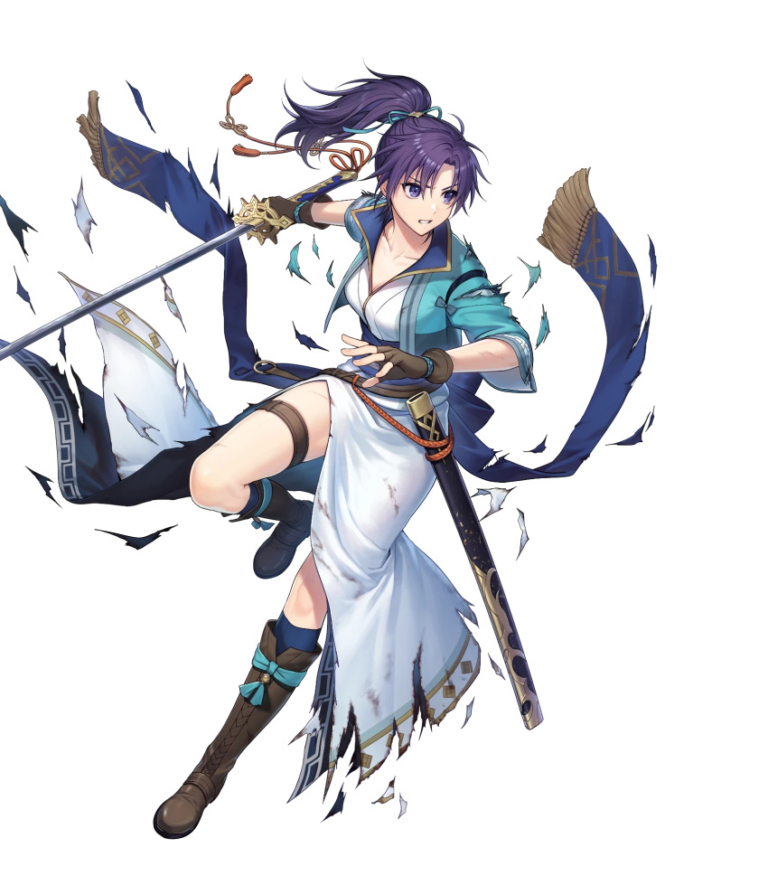 boots bow bowtie breasts cleavage collarbone female fingerless_gloves fir_(fire_emblem) fire_emblem fire_emblem:_the_binding_blade fire_emblem_heroes full_body gloves highres holding holding_sword holding_weapon japanese_clothes kiyu_(zuyu) knee_boots leg_up long_hair medium_breasts non-web_source obi official_art parted_lips ponytail purple_eyes purple_hair sash sheath short_sleeves solo sword thigh_strap torn_clothes transparent_background weapon