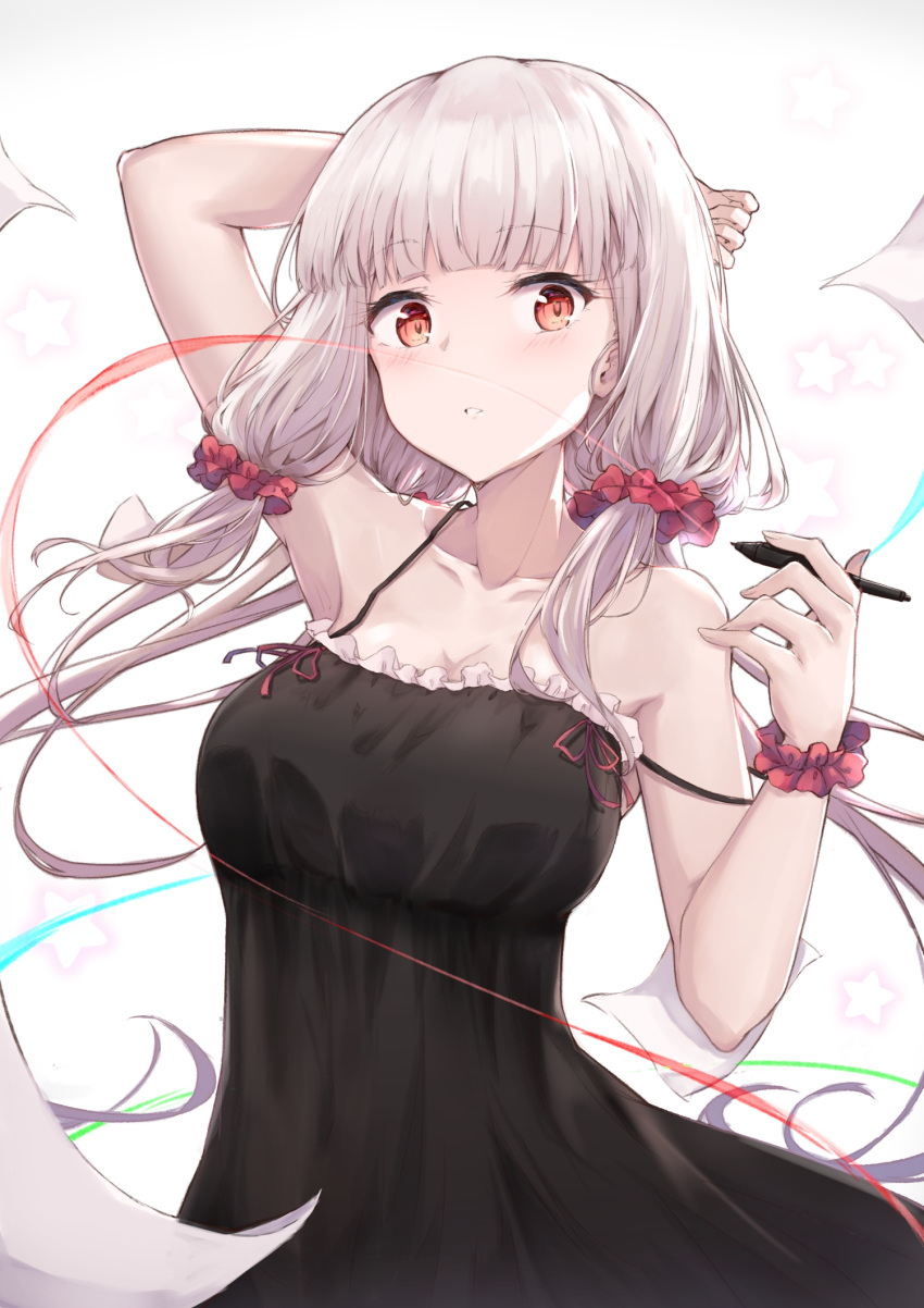 arm_behind_head arm_up armpits bare_arms bare_shoulders black_dress blunt_bangs blush breasts chinese_commentary collarbone commentary_request dress female frilled_dress frills hair_ornament hair_scrunchie hakuya_(white_night) highres holding holding_pen long_hair looking_at_viewer low_twintails medium_breasts original paper pen red_eyes scrunchie sleeveless sleeveless_dress smile solo spaghetti_strap star_(symbol) strap_slip twintails upper_body very_long_hair white_hair wrist_scrunchie