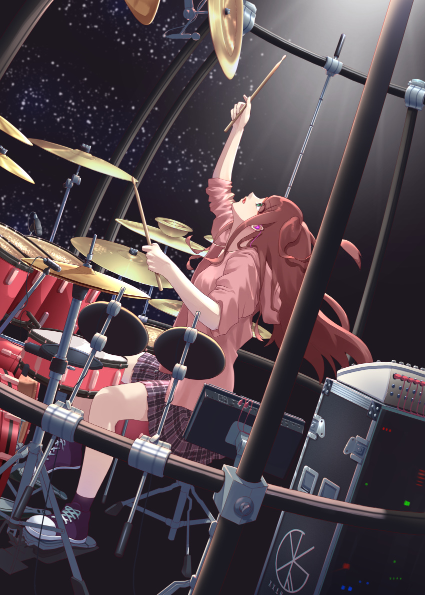 absurdres akabane_youko bad_id bad_pixiv_id brown_hair cymbals dark_background drum drum_set drumsticks dutch_angle earbuds earphones eyes_visible_through_hair female green_eyes guitaro_(yabasaki_taro) hi-hat highres hood hoodie indoors instrument long_hair looking_up music nijisanji pedal plaid plaid_skirt playing_instrument profile shoes sitting skirt sneakers socks solo stool virtual_youtuber