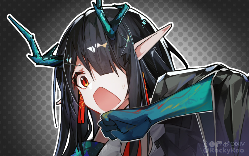 arknights black_coat black_hair cleavage_cutout clothing_cutout coat colored_skin commentary_request dragon_girl dragon_horns dusk_(arknights) earrings female hair_over_one_eye highres horns jewelry necktie off-shoulder_coat off_shoulder open_mouth partial_commentary pointy_ears red_eyes red_necktie rockyroo solo surprised sweatdrop twitter_username watermark