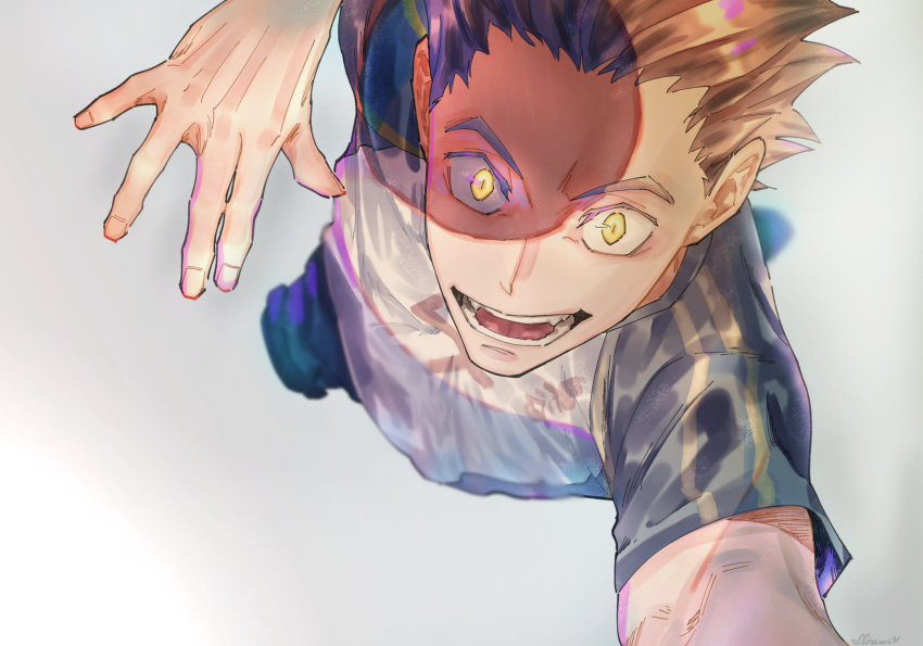 1boy :d bokuto_koutarou brown_hair from_above haikyuu!! highres looking_at_viewer male_focus open_mouth shaded_face shiraumi8351 short_hair simple_background smile solo sportswear teeth volleyball volleyball_uniform yellow_eyes