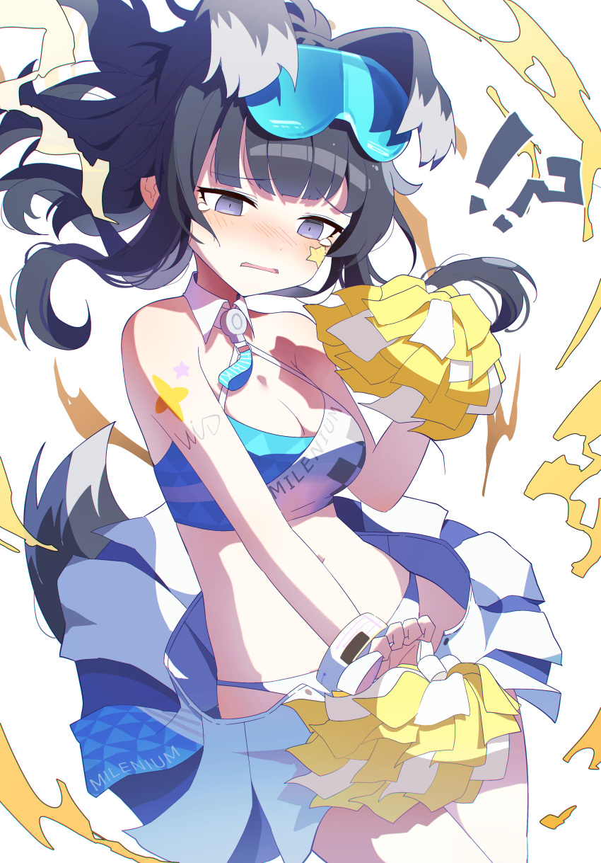 absurdres animal_ears bad_id bad_pixiv_id black_hair blue_archive blush breasts cheerleader cleavage dog_ears facial_mark female goggles goggles_on_head hibiki_(blue_archive) hibiki_(cheer_squad)_(blue_archive) highres liyom long_hair millennium_cheerleader_outfit_(blue_archive) navel official_alternate_costume open_mouth panties pleated_skirt pom_pom_(cheerleading) purple_eyes simple_background skirt solo underwear white_background