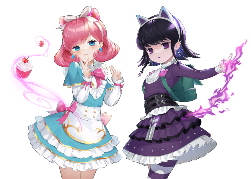 2girls absurdres animal_ears annie_(league_of_legends) apron backpack bag black_hair blush bow bowtie buttons cafe_cuties_(league_of_legends) cafe_cuties_annie cat_ears cherry cowboy_shot cross cross_earrings cupcake double-breasted dress dual_persona earrings fake_animal_ears fire food frilled_dress frills fruit goth_annie goth_fashion green_dress gummy_bear gummy_bear_earrings hairbow hands_up highres jewelry laon layered_dress layered_sleeves league_of_legends long_sleeves magic medium_hair multiple_girls official_alternate_costume pantyhose parted_lips pink_bow pink_bowtie pink_hair purple_eyes short_over_long_sleeves short_sleeves smile striped_clothes striped_pantyhose waist_apron white_bow white_legwear