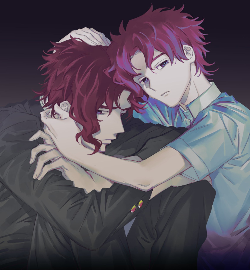 2boys aged_down bad_id bad_twitter_id bright_pupils collared_shirt crossed_arms empty_eyes expressionless gakuran hand_on_another's_cheek hand_on_another's_face hand_on_another's_head highres hug jojo_no_kimyou_na_bouken kakyoin_noriaki lolicon long_sleeves looking_at_viewer male_focus messy_hair multiple_boys purple_eyes red_hair school_uniform shirt short_sleeves sideways_glance simple_background sitting stardust_crusaders time_paradox zeeerudo