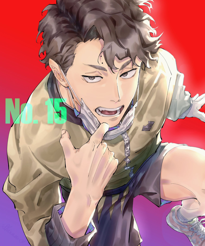 1boy black_eyes black_hair from_above haikyuu!! highres jacket long_sleeves looking_at_viewer male_focus mask_pull mole open_mouth sakusa_kiyoomi shiraumi8351 shoes short_hair simple_background sneakers solo sportswear teeth volleyball_uniform