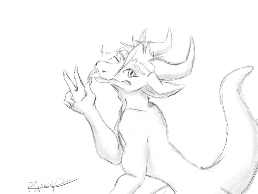 4:3 anthro claws cute_pose digital_media_(artwork) dragon gesture hair hand_gesture horn looking_at_viewer male mammal monochrome mythological_creature mythological_scalie mythology one_eye_closed ryuka scalie smile solo tail tongue tongue_out v_sign wink