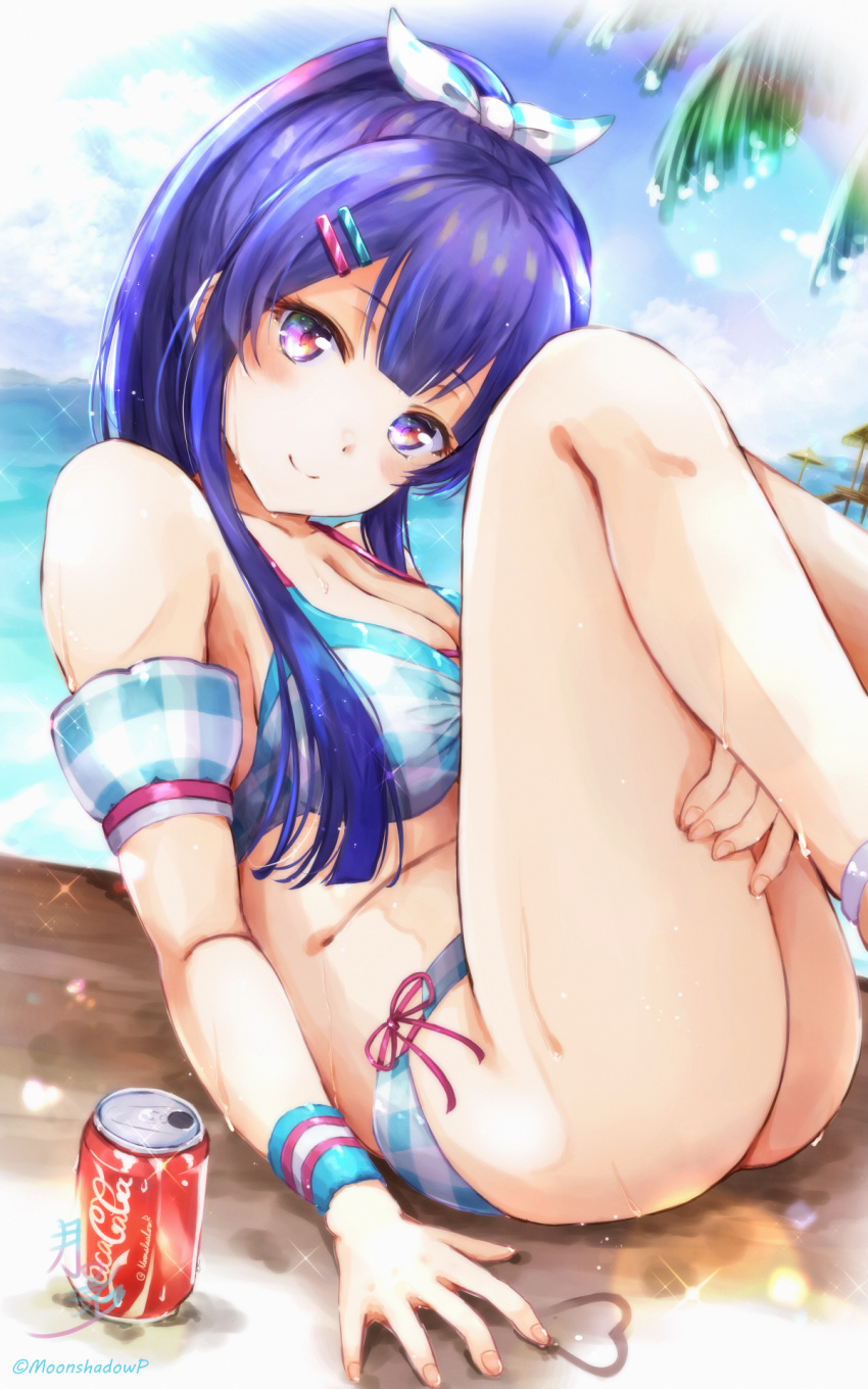 ankle_strap arm_at_side artist_name bare_legs bare_shoulders bikini blue_bikini blue_bow blue_sky blunt_bangs blunt_ends blush bow breasts can cleavage closed_mouth cloud coca-cola collarbone commentary_request day detached_sleeves drink_can dutch_angle feet_out_of_frame female fingernails getsuei_(moonshadowp) hair_ornament hairbow hairclip halterneck hand_on_own_thigh head_tilt heart high_ponytail highres legs_up light_particles long_hair looking_at_viewer medium_breasts ocean official_alternate_costume official_alternate_hairstyle outdoors palm_tree parasol plaid plaid_bikini plaid_bow ponytail purple_eyes purple_hair short_sleeves shoujo_kageki_revue_starlight shoujo_kageki_revue_starlight_-re_live- side-tie_bikini_bottom sidelocks sitting sky smile soda_can solo sparkle sweatband swimsuit thighs tomoe_tamao tree twitter_username umbrella water_drop wet wristband