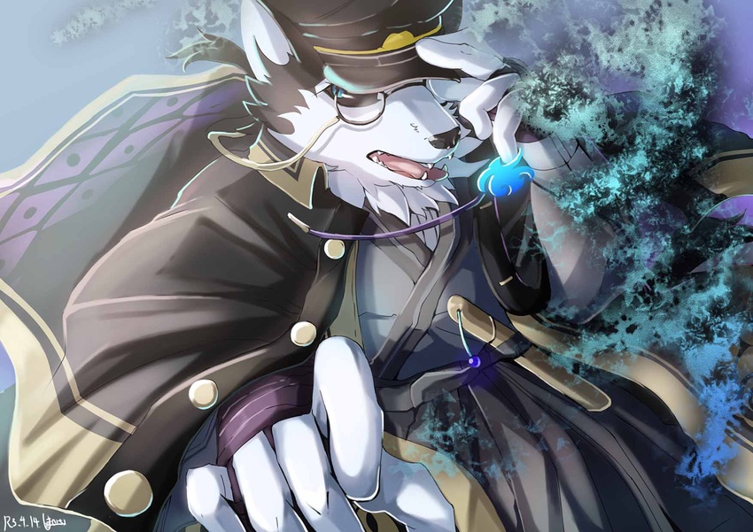 2021 anthro black_body black_fur blue_eyes canid canine canis clothed clothing digital_media_(artwork) domestic_dog eyewear fur glasses hat headgear headwear hi_res lifewonders male mammal masanori_(tas) multicolored_body multicolored_fur shimazanbagu solo tokyo_afterschool_summoners two_tone_body two_tone_fur white_body white_fur