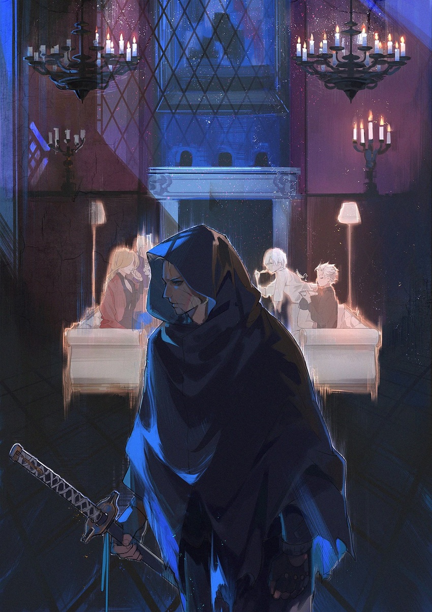 4boys black_dress black_gloves black_shorts blonde_hair blue_eyes blush breasts candelabra candle candlestand cleavage clenched_hand cloak closed_eyes closed_mouth coat couch crack cracked_skin cracked_wall cumcmn cup dante_(devil_may_cry) devil_may_cry_(series) devil_may_cry_5 dress drinking eating eva_(devil_may_cry) family female fingerless_gloves fingernails fire fork gloves hair_slicked_back highres holding holding_cup holding_fork holding_plate holding_sword holding_weapon hood hood_up hooded_cloak illusion indoors katana lamp long_hair looking_back multiple_boys night plate portrait_(object) purple_coat sheath sheathed shorts sitting smile sparda spoilers sword tea_set teacup torn_cloak torn_clothes vergil_(devil_may_cry) weapon white_hair